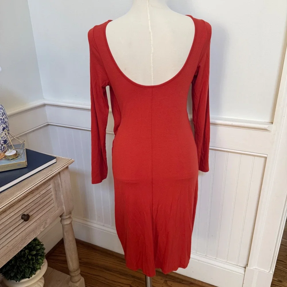 Ganni Anthropologie Burnt Orange Side Knot Scoop Back Long Sleeve Midi Dress L - Picture 3 of 7
